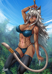 Rule 34 | 1girl, adsouto, ahoge, animal ear fluff, animal ears, arm behind head, arm up, armpits, black thighhighs, bra, breasts, cat ears, cat tail, cleavage, closed mouth, covered erect nipples, cowboy shot, dark-skinned female, dark skin, eyepatch, facial scar, ghislaine dedoldia, groin, hair between eyes, highres, holding, holding sword, holding weapon, large breasts, long hair, looking to the side, midriff, muscular, muscular female, mushoku tensei, navel, panties, red eyes, scar, scar on cheek, scar on face, scar on stomach, sidelocks, solo, standing, sword, tail, tail ornament, tail ring, thighhighs, underboob, underwear, underwear only, weapon