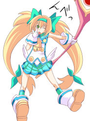 Rule 34 | 1girl, ;p, akanbe, ankle boots, bell, blazblue, blonde hair, boots, eyelid pull, flat chest, gloves, green eyes, heart, heart-shaped pupils, long hair, low-tied long hair, magical girl, muchourin, one eye closed, platinum the trinity, poncocchan, quad tails, skirt, socks, solo, symbol-shaped pupils, tongue, tongue out, wand, white gloves, wink