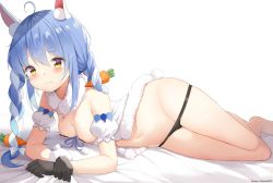 Rule 34 | 1girl, :3, ahoge, animal ear fluff, animal ears, areola slip, babydoll, bare legs, barefoot, bed sheet, black gloves, black panties, blue hair, blush, braid, breasts, carrot hair ornament, chintora0201, closed mouth, commentary, detached sleeves, don-chan (usada pekora), food-themed hair ornament, fur scarf, fur trim, gloves, groin, hair ornament, heart, heart in eye, highres, hololive, looking at viewer, lying, medium breasts, mole, mole on breast, multicolored hair, navel, nipple slip, nipples, on side, panties, rabbit ears, rabbit girl, rabbit tail, scarf, short eyebrows, short sleeves, simple background, solo, stomach, swimsuit, symbol in eye, thick eyebrows, twin braids, twintails, two-tone hair, underwear, usada pekora, usada pekora (1st costume), virtual youtuber, white background, white hair, white scarf, yellow eyes