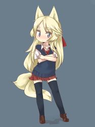 Rule 34 | 1girl, animal ears, black thighhighs, blonde hair, blue background, croixsan, crossed arms, female focus, fox ears, fox tail, full body, loafers, long hair, looking away, low-tied long hair, necktie, original, plaid, plaid skirt, shoes, simple background, skirt, solo, sweater vest, tail, thighhighs
