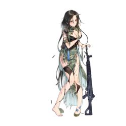 Rule 34 | 1girl, assault rifle, black hair, black thighhighs, blush, breast hold, breasts, camouflage, cartridge, china dress, chinese clothes, cleavage, closed mouth, damaged, dress, full body, girls&#039; frontline, grey eyes, gun, hair between eyes, holding, holding gun, holding weapon, kieta, long hair, looking at viewer, rifle, shell, shotgun shell, solo, standing, thighhighs, torn clothes, torn dress, torn sleeves, torn thighhighs, transparent background, type 03 (girls&#039; frontline), type 03 assault rifle, weapon