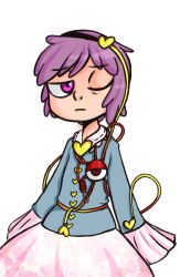 Rule 34 | 1girl, absurdres, collar, dungeon toaster, eyeball, frills, hair ornament, hairband, heart, heart hair ornament, highres, komeiji satori, looking at viewer, one eye closed, purple eyes, purple hair, simple background, solo, touhou, white background