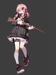 Rule 34 | 1girl, aiko (kanl), belt pouch, black footwear, black jacket, black skirt, blush, bolt action, cropped jacket, cross-laced footwear, frills, full body, girls&#039; frontline, grey background, gun, hair between eyes, hair intakes, hair ornament, headphones, highres, holding, holding gun, holding weapon, jacket, k31, k31 (girls&#039; frontline), kneehighs, long hair, long sleeves, looking at viewer, low-tied long hair, miniskirt, negative space, official art, parted lips, pink hair, pouch, purple eyes, rifle, scope, shoes, sidelocks, simple background, skirt, smile, sneakers, sniper rifle, socks, solo, thigh strap, weapon, white socks, x hair ornament