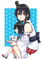 Rule 34 | 2girls, black hair, book, closed eyes, daitou (kancolle), detached sleeves, dress, headgear, holding, holding book, japanese clothes, kantai collection, multiple girls, nontraditional miko, obi, open mouth, red eyes, red skirt, ribbon-trimmed sleeves, ribbon trim, sagamiso, sailor collar, sailor dress, sash, short hair, short sleeves, sitting, sitting on lap, sitting on person, skirt, socks, twitter username, white legwear, yamashiro (kancolle)
