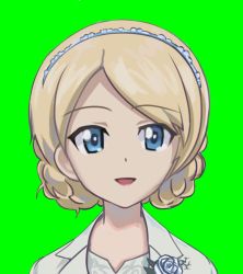 Rule 34 | 1girl, ace combat, ace combat 7: skies unknown, blonde hair, blue eyes, boutonniere, braid, commentary request, crown braid, darjeeling (girls und panzer), flower, girls und panzer, green background, boutonniere, look-alike, open mouth, rosa cossette d&#039;elise, rose, smile, spirit chiasma, white flower, white rose