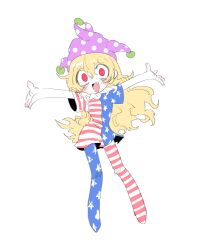 Rule 34 | 1girl, absurdres, american flag dress, american flag legwear, blonde hair, blush, clownpiece, full body, hat, highres, jester cap, m24 chair, open mouth, red eyes, solo, touhou, white background