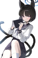 1girl absurdres animal_ear_fluff animal_ears black_choker black_eyes black_hair black_halo black_ribbon black_sailor_collar black_skirt blue_archive blue_halo blue_neckerchief bright_pupils cat_ears cat_girl cat_tail choker cowboy_shot dogee_(ch_dh0408) gradient_halo hair_between_eyes halo highres kikyou_(blue_archive) light_blush long_hair looking_at_viewer multicolored_halo neckerchief nekomata parted_bangs pleated_skirt ribbon ribbon_choker sailor_collar school_swimsuit school_uniform serafuku shirt short_hair simple_background sitting skirt socks solo straight_hair swimsuit tail teeth white_background white_pupils white_shirt white_socks