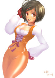 Rule 34 | 1girl, absurdres, black hair, blush, bodysuit, breasts, brown eyes, choker, cleavage, final fantasy, final fantasy ix, garnet til alexandros xvii, gloves, highres, jewelry, latex, latex suit, looking at viewer, medium breasts, necklace, open mouth, orange bodysuit, shiny clothes, short hair, skin tight, smile, solo