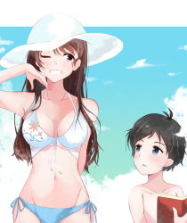 Rule 34 | 1boy, 1girl, absurdres, age difference, aoyama-kun (penguin highway), bikini, black hair, blue eyes, blue sky, blush, book, breasts, brown hair, child, collarbone, day, hat, highres, long hair, looking at another, medium breasts, navel, one eye closed, onee-san (penguin highway), outdoors, penguin highway, side-tie bikini bottom, sky, smile, standing, sun hat, swimsuit, takuro (taku3949), teenage girl and younger boy, topless male, very long hair, white headwear