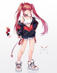 Rule 34 | 1girl, alternate costume, alternate hairstyle, arknights, bare legs, bare shoulders, black choker, black jacket, casual, character name, choker, commentary, cutoffs, full body, grey background, highres, horns, jacket, long hair, long sleeves, looking at viewer, nihnfinite8, no headwear, off shoulder, pointy ears, red eyes, red hair, shoes, short shorts, shorts, sidelocks, sneakers, solo, standing, tank top, thighs, twintails, vigna (arknights), white footwear, white tank top