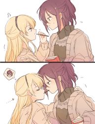 Rule 34 | 2girls, bang dream!, blonde hair, blush, commentary request, dated commentary, earrings, flying sweatdrops, food, from side, highres, jewelry, looking at another, multiple girls, musical note, pocky, pocky kiss, purple hair, seri (vyrlw), seta kaoru, shared food, shirasagi chisato, sweatdrop, thought bubble, yuri