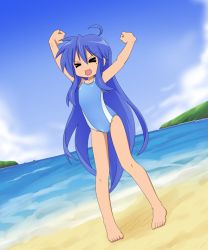 Rule 34 | &gt; &lt;, 1girl, ahoge, beach, blue hair, breasts, closed eyes, feet, izumi konata, lucky star, not call, outdoors, small breasts, solo, swimsuit, tagme