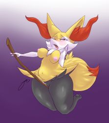 Rule 34 | 1girl, absurdres, ahegao, animal ears, animal hands, blush, braixen, breasts, creatures (company), dated, fang, female masturbation, fox ears, fox tail, furry, furry female, game freak, gen 6 pokemon, gradient background, highres, huwon, masturbation, medium breasts, navel, nintendo, nipples, one eye closed, open mouth, pokemon, pokemon (creature), pokemon xy, purple background, pussy, pussy juice, red eyes, signature, simple background, solo, stick, tail, teeth, text focus, tongue, uncensored, white background, wink