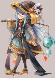 Rule 34 | 1girl, animal, black footwear, black jacket, blue eyes, blue hair, blush, brown background, brown hat, brown pantyhose, chain, commentary request, dress, fingernails, fish, full body, green dress, hair between eyes, hand up, hat, high heels, highres, holding, jacket, long hair, long sleeves, looking at viewer, nail polish, netamaru, open clothes, open jacket, orb, original, pantyhose, parted lips, pink nails, puffy long sleeves, puffy sleeves, shoes, simple background, sleeves past wrists, solo, very long hair, walking, water, witch, witch hat