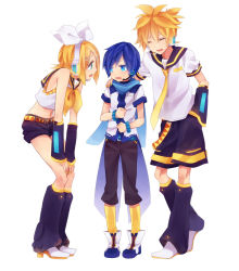 Rule 34 | 1girl, 2boys, age difference, aged down, akiyoshi (tama-pete), aqua eyes, bad id, bad pixiv id, blonde hair, blue hair, blue scarf, comforting, full body, hair ornament, hair ribbon, hairclip, headphones, headset, kagamine len, kagamine rin, kaito (vocaloid), multiple boys, necktie, ribbon, scarf, short hair, shorts, siblings, simple background, smile, standing, tears, time paradox, twins, vocaloid, yellow necktie