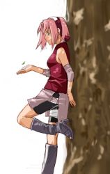 Rule 34 | 1girl, against tree, alternate breast size, arm warmers, bandages, bare shoulders, bike shorts, black footwear, boots, breasts, forehead protector, green eyes, haruno sakura, headband, headdress, knee boots, leaf, leaning, looking at viewer, md5 mismatch, miniskirt, naruto (series), naruto shippuuden, toeless footwear, pink hair, pink skirt, profile, red shirt, shirt, shoes, short hair, shorts, shorts under skirt, side slit, skirt, sleeveless, sleeveless shirt, smile, solo, spandex, standing, tree, w-asi, wind