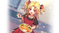 Rule 34 | 1girl, akatsuki uni, blonde hair, dress, food, highres, holding, holding plate, jewelry, necklace, plate, red eyes, smile, twintails