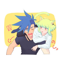 Rule 34 | !, !!, 2boys, androgynous, animal ears, black shirt, blue eyes, blue hair, blush, cat boy, cat ears, cat tail, collarbone, collared shirt, commentary request, earrings, galo thymos, green hair, highres, jewelry, kome 1022, lio fotia, long sleeves, male focus, mohawk, multicolored eyes, multiple boys, on shoulder, one eye closed, open mouth, orange eyes, pink eyes, promare, shirt, short hair, short sleeves, sidelocks, single earring, spiked hair, surprised, sweat, sweatdrop, tail, tongue, tongue out