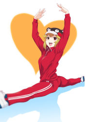 Rule 34 | 1girl, :d, arms up, ass, blonde hair, blurry, blush stickers, depth of field, female focus, heart, jacket, kumamon, long sleeves, looking at viewer, open mouth, original, pants, red eyes, red jacket, red pants, round teeth, short hair, smile, solo, split, spread legs, teeth, track jacket, track pants, track suit, ueyama michirou