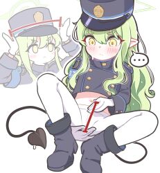 Rule 34 | ..., 1girl, absurdres, black footwear, black hat, black jacket, black tail, blue archive, blush, boots, closed mouth, demon tail, gloves, green hair, hat, hikari (blue archive), highres, jacket, long hair, long sleeves, multiple views, pantyhose, peaked cap, pointy ears, shoeguy, sidelocks, simple background, spoken ellipsis, tail, white background, white gloves, white pantyhose, yellow eyes