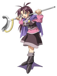 1girl :d ahoge black_boots boots breasts brown_eyes brown_skirt capelet commentary_request full_body golden_sun highres holding holding_staff jenna_(golden_sun) large_breasts long_hair looking_at_viewer open_mouth purple_capelet purple_hair shino_(2919) simple_background skirt smile solo staff standing white_background