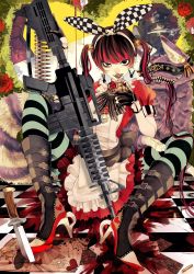 Rule 34 | 1girl, alice (alice in wonderland), alice in wonderland, apron, bags under eyes, black eyes, black hair, boots, card, cat, checkered floor, cheshire cat (alice in wonderland), dress, earrings, explosive, flower, gloves, grenade, gun, hat, high heel boots, high heels, highres, jewelry, knife, lipstick, lolita fashion, looking at viewer, makeup, multicolored hair, open mouth, partially fingerless gloves, playing card, pocket watch, puffy short sleeves, puffy sleeves, rabbit earrings, red dress, red hair, rose, sharp teeth, short sleeves, striped legwear, submachine gun, teeth, top hat, tsurime, twintails, uneven eyes, watch, weapon, zabeo0125
