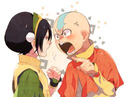 Rule 34 | 1boy, 1girl, aang, anger vein, angry, avatar: the last airbender, avatar legends, bald, black hair, green shirt, grey eyes, long sleeves, looking at another, open mouth, pointing, pom pom (clothes), shirt, t k g, toph bei fong, upper body, v-shaped eyebrows, white background, yellow shirt