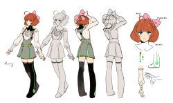 Rule 34 | 1girl, ahoge, aqua eyes, black thighhighs, bow, brown hair, character name, character sheet, commentary, concept art, detached sleeves, dress, ein lee, english text, freckles, from behind, green eyes, hair bow, multiple views, official art, orange hair, penny polendina, pink bow, rwby, short hair, simple background, thighhighs, white background