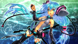 Rule 34 | 1girl, aqua eyes, aqua hair, belt, breasts, bridal gauntlets, center opening, elbow gloves, fingerless gloves, gloves, hatsune miku, hatsune miku (append), highres, long hair, looking at viewer, navel, necktie, open mouth, read xxx, sky, solo, star (sky), starry sky, thighhighs, twintails, very long hair, vocaloid, vocaloid append, wallpaper