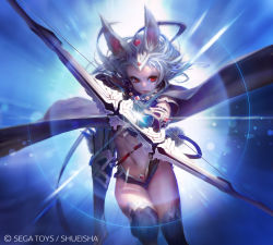 Rule 34 | 1girl, absurdres, animal ears, arrow (projectile), attack, bow (weapon), cape, colossus order, determined, gradient background, highres, lens flare, long hair, original, quiver, red eyes, silver hair, solo, thighhighs, wayjilam, weapon
