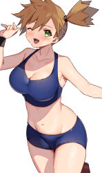 Rule 34 | 1girl, adapted costume, asymmetrical hair, bare legs, bikini, blue bikini, blue eyes, blue shorts, blush, breasts, cameltoe, cleavage, cowboy shot, creatures (company), fumyuun, game freak, gym leader, hair between eyes, highres, large breasts, legs, looking at viewer, misty (pokemon), navel, nintendo, one eye closed, open mouth, orange hair, outdoors, pokemon, pokemon frlg, ponytail, short hair, short ponytail, shorts, side ponytail, sky, smile, solo, standing, stomach, swimsuit, thick thighs, thighs, tight clothes, wide hips, wink