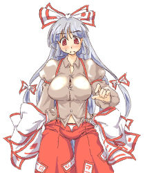 Rule 34 | 1girl, blush, breasts, female focus, fujiwara no mokou, impossible clothes, impossible shirt, large breasts, long hair, lute (apocalypselibrary), oekaki, red eyes, ribbon, shirt, silver hair, simple background, solo, suspenders, touhou, very long hair, white background