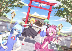 Rule 34 | 4girls, absurdres, antennae, architecture, ascot, bad id, bad pixiv id, between legs, bird wings, blonde hair, blue eyes, blue hair, blue sky, bow, cape, cirno, cloud, day, dress, dutch angle, earrings, east asian architecture, fang, green hair, hair bow, hair ribbon, hand between legs, hand on own chest, hands on own hips, hat, highres, hokora (shrine), jewelry, leg up, looking at viewer, mary janes, multiple girls, mystia lorelei, open mouth, outstretched arms, pink hair, pointy ears, puffy sleeves, red eyes, ribbon, rizky (strated), rumia, shadow, shoes, short hair, short sleeves, shorts, shrine, sky, spread arms, stairs, team 9, torii, touhou, tree, tsurime, wings, wriggle nightbug, yellow eyes