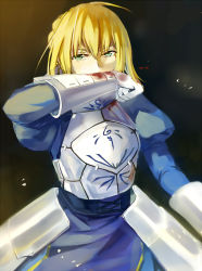 Rule 34 | 1girl, ahoge, armor, armored dress, artoria pendragon (fate), bad id, bad pixiv id, blonde hair, blood, blood on face, cut (123), dress, fate/zero, fate (series), gauntlets, green eyes, saber (fate), solo, sweat, wiping face