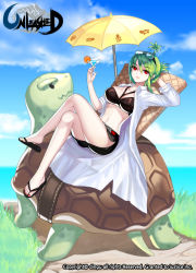 Rule 34 | 1girl, animal, arm up, ass, bare legs, belt, bikini, black bikini, black skirt, blue sky, breasts, cloud, cocktail glass, collared shirt, cup, day, dingu, drinking glass, eyewear on head, folded ponytail, glasses, grass, green hair, halterneck, hand up, holding, holding cup, horizon, large breasts, crossed legs, long hair, long sleeves, looking at viewer, miniskirt, mole, mole under eye, nail polish, navel, official art, open clothes, open shirt, reclining, red eyes, shirt, side slit, skirt, sky, slippers, solo, stomach, swimsuit, thighs, toenail polish, toenails, turtle, unleashed, white shirt