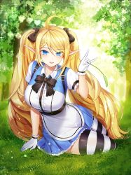 Rule 34 | absurdres, bindong, black legwear, blonde hair, blue dress, blue eyes, bow, braid, collared shirt, day, dress, gloves, grass, hair bow, hair ribbon, hand up, highres, holding, holding plant, holding plate, lens flare, long hair, looking at viewer, lying, on grass, on ground, on side, open mouth, original, outdoors, plant, plate, ribbon, shirt, short sleeves, thighhighs, tree, twintails, white gloves, white legwear