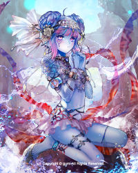 Rule 34 | 1girl, :t, anklet, armlet, barefoot, barefoot sandals (jewelry), bikini, bikini top only, blue hair, blue skin, bracelet, colored skin, fins, fish girl, gem, hair ornament, headdress, jewelry, long hair, looking at viewer, monster girl, necklace, original, puffy cheeks, rock, scales, seiza, sitting, skirt, swimsuit, toe ring, trinity souls, water, yooani