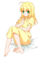 Rule 34 | 1girl, ahoge, alternate costume, artoria pendragon (all), artoria pendragon (fate), barefoot, blonde hair, blush, fate/stay night, fate (series), full body, green eyes, ha84no, hair down, long hair, pajamas, saber (fate), simple background, solo, white background