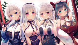Rule 34 | 4girls, :p, absurdres, animal ears, aqua eyes, arm up, azur lane, bare shoulders, belfast (azur lane), belfast (iridescent rosa) (azur lane), blue dress, blue eyes, blunt bangs, blush, braid, breast curtains, breasts, broken, broken chain, chain, cheshire (azur lane), china dress, chinese clothes, cleavage, cleavage cutout, closed mouth, clothing cutout, collar, collarbone, colored eyelashes, commentary request, cowboy shot, criss-cross halter, dido (anxious bisque doll) (azur lane), dido (azur lane), dress, earrings, fake animal ears, feather boa, flower, folded fan, folding fan, french braid, frilled hairband, frills, gloves, grey dress, grey hair, hair between eyes, hair flower, hair ornament, hairband, half gloves, halter dress, halterneck, hand fan, hand up, heart, heart earrings, highres, holding, holding fan, jewelry, junineu, large breasts, long hair, long sleeves, looking at viewer, multicolored hair, multiple girls, official alternate costume, pelvic curtain, purple dress, purple eyes, purple hairband, red dress, red eyes, ribbon between breasts, short hair, side braid, sidelocks, sirius (azur lane), sirius (azure horizons) (azur lane), sleeveless, sleeveless dress, smile, streaked hair, tongue, tongue out, two-tone hair, white gloves, white hair