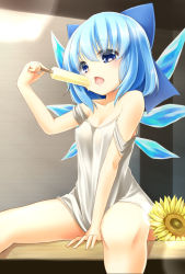 Rule 34 | barefoot, blue eyes, blue hair, blue ribbon, bow, cirno, embodiment of scarlet devil, food, getsuyou yasumi, hair bow, ice, ice wings, image sample, off shoulder, popsicle, ribbon, shirt, short hair, solo, strap slip, touhou, white shirt, wings