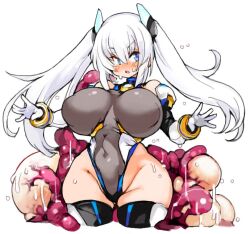Rule 34 | 1girl, blue eyes, blush, borrowed character, breasts, cowboy shot, female focus, flesh, gloves, headgear, huge breasts, leotard, long hair, looking at viewer, monster girl, navel, original, sachito, skin tight, solo, standing, sweat, thick thighs, thighs, w arms, white background, white gloves, white hair, wide hips