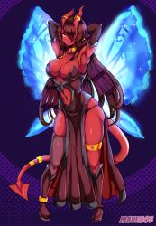 Rule 34 | 1girl, absurdres, arms behind head, arms up, artist name, breasts, brown footwear, brown hair, colored skin, commission, demon girl, demon horns, demon tail, diamond-shaped pupils, diamond (shape), earrings, eyebrows, full body, hair over one eye, highres, horns, jewelry, large breasts, long hair, mauimoe, navel, original, pointy ears, red skin, solo, symbol-shaped pupils, tail, very long hair, yellow eyes