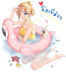 Rule 34 | 1girl, apfhs72, bare arms, bare legs, barefoot, blonde hair, blue eyes, blue shorts, blush, breasts, cleavage, collarbone, commentary, commentary request, english commentary, english text, eyewear on head, fish, glasses, heart, in water, large breasts, one eye closed, original, parted lips, ponytail, shell, shirt, short hair, shorts, star (symbol), starfish, water, yellow shirt