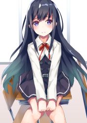 Rule 34 | 10s, 1girl, asashio (kancolle), belt, belt buckle, black hair, black skirt, blue eyes, buckle, buttons, chair, classroom, closed mouth, collared shirt, desk, dress, eyebrows, frown, henet hene, indoors, kantai collection, knees together feet apart, long hair, long sleeves, looking at viewer, neck ribbon, on desk, on table, pinafore dress, pleated dress, pleated skirt, red ribbon, ribbon, school, school desk, shirt, sitting, skirt, sleeveless, sleeveless dress, solo, table, v arms, very long hair, white shirt, window, wing collar
