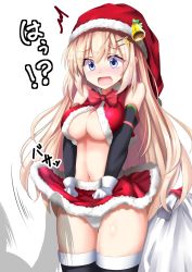 Rule 34 | 1girl, ^^^, bell, black thighhighs, blonde hair, blue eyes, blush, bow, breasts, christmas, cleavage, collared shirt, crop top, detached sleeves, embarrassed, full-face blush, fur-trimmed legwear, fur trim, gloves, hair ornament, hairclip, hat, highres, large breasts, long hair, looking down, midriff, minato yoshihiro, navel, open mouth, original, panties, red bow, red skirt, sack, santa costume, santa hat, shirt, simple background, skirt, sleeveless, sleeveless shirt, solo, star (symbol), star hair ornament, sweatdrop, thighhighs, thighs, underboob, underwear, upskirt, white background, white gloves, white panties