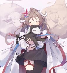Rule 34 | 1girl, animal, animal ears, arknights, black pantyhose, black skirt, black thighhighs, blush, brown hair, closed eyes, coat, commentary, dated, english commentary, eyjafjalla (arknights), eyjafjalla the hvit aska (arknights), gradient hair, highres, holding, holding animal, horns, lab coat, lamb, long hair, long sleeves, multicolored hair, ouba itsuki, pantyhose, pink hair, sheep, sheep ears, sheep girl, sheep horns, side ponytail, signature, simple background, single leg pantyhose, single thighhigh, skirt, smile, solo, thigh strap, thighhighs, white background, white coat