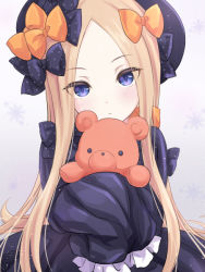 Rule 34 | 1girl, abigail williams (fate), bad id, bad pixiv id, black bow, black dress, black hat, blonde hair, blush, bow, commentary request, dress, fate/grand order, fate (series), hair bow, hands in opposite sleeves, hat, head tilt, hugging object, long hair, long sleeves, looking at viewer, orange bow, parted bangs, parted lips, polka dot, polka dot bow, purple eyes, solo, stuffed animal, stuffed toy, teddy bear, very long hair, yuuki (yukinko-02727)
