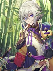 Rule 34 | 1boy, armor, bad id, bad pixiv id, bag, bamboo, bamboo forest, blue eyes, chinese armor, chinese clothes, csyday, fate/grand order, fate (series), forest, gift, hair between eyes, holding, holding gift, incoming food, looking at viewer, male focus, nature, prince of lan ling (fate), religious offering, short hair, silver hair, solo, valentine