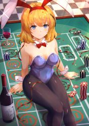 Rule 34 | 1girl, alcohol, alice margatroid, animal ears, bare arms, bare shoulders, black pantyhose, blonde hair, blue eyes, blue leotard, bottle, bow, bowtie, breasts, checkered floor, closed mouth, cup, detached collar, drinking glass, expressionless, fake animal ears, hairband, highres, leotard, looking at viewer, medium breasts, medium hair, pantyhose, playboy bunny, poker chip, rabbit ears, red bow, roulette table, short hair, sitting, solo, table, torottye, touhou, wine, wrist cuffs