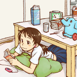 Rule 34 | 1girl, :3, aratagawa nikei, book, brown hair, carton, clock, comic, digital media player, elephant, glass, happy, headphones, lowres, lying, open book, paper, pencil, pleated skirt, reading, school uniform, skirt, solo, stack of books, table, toy